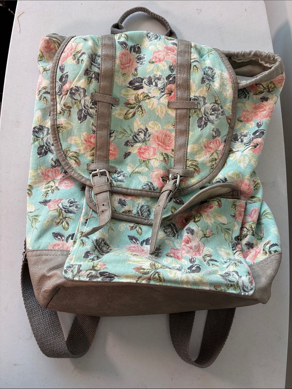 Floral Canvas Backpack with Taupe Trim - Vintage-Inspired Women's Bag